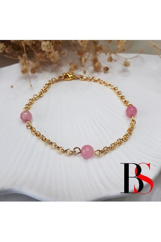 Altın Kaplama Zincir & Fasetli Kesim Pembe Kuvars Kadın Bileklik Çok Renkli