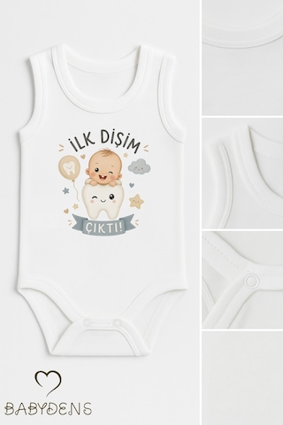 Babyden's İlk Dişim Çıktı Baskılı Kolsuz Bebek Body %100 Pamuk Unisex Diş Buğdayı Konsept Çıtçıtlı Zıbın Beyaz