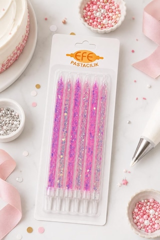 Pembe Beyaz Uzun Pul Simli Pasta Mumu 17 Cm Karışık