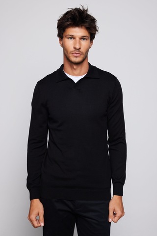 Tudors Erkek Slim Fit Dar Kesim Polo V Yaka Siyah Kazak-29106-siyah Siyah