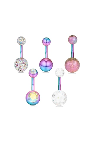 Chavin 5 Adet Multicolor Cerrahi Çelik Göbek Piercing En48Ml Çok Renkli