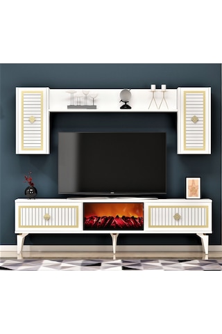 Nil Şömineli Tv Ünitesi Beyaz-altın