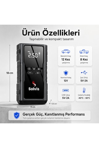 Solvis 4'ü 1 Arada 12v Akıllı Akü Takviye Cihazı, Lastik Şişirme, Powerbank Ve Led Aydınlatma Çanta Hediyeli
