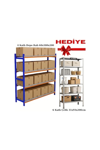 4 Katlı Depo Rafı 60x180x200 Cm Hafif Rack Alana 31x93x200cm Çelik Raf Hediye Gri