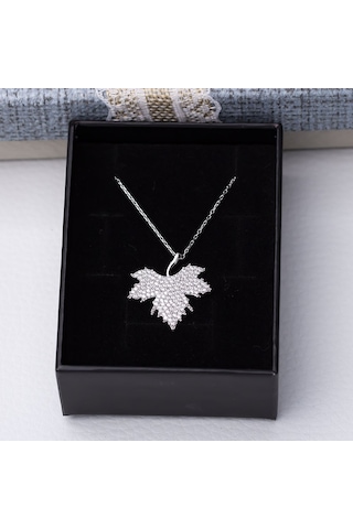 Çınar Yaprağı Model Zirkon Taşlı 925 Ayar Gümüş Kadın Kolye Gümüş - Rodyum