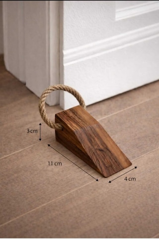 3 Adet Ceviz Ağacı Ahşap Kapı Stoperi, Kaymaz Keçeli Stop Door Yazılı Halatlı Kapı Tutucu 11x4x3 Cm