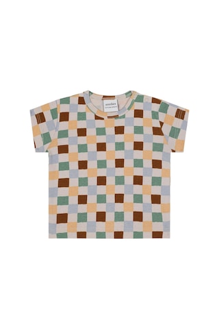 Antebies Organik Gots Sertifikalı Pastel Damalar Beli Lastikli Bağcıklı Kısa Kollu Erkek Bebek Tshirt Şort Takımı Bej