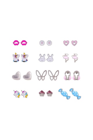 Chavin Çocuk Genç 12 Çift Mineli Figür Küpe Seti es95 Çok Renkli