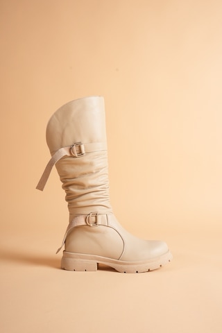 Analin Shoes Kadın Hakiki Deri Büzgü Detaylı Tokalı Fermuarlı Uzun Çizme Bej