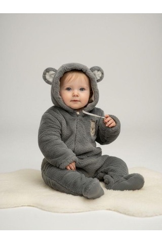 Zekids Bebek Peluş Kapüşonu Kulak Detaylı Tulum-16670 Gri