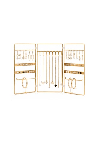 Katlanabilir Metal Takı Organizeri 3 Panelli Gold Küpelik Kolye Askılığı Bileklik Ve Yüzük Düzenleyici Altın