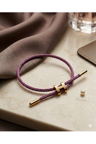 Unisex H Model Gold Renk Çelik Detay Eflatun İp Bileklik Mor