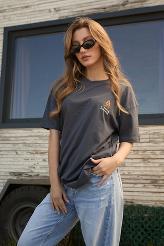 Velvoria Unisex Oversize I Love Camp Baskılı Antrasit Renk T-shirt