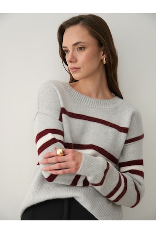 Laluvia Bordo Renkli Çizgili Oversize Triko Kazak - 2516 Bordo