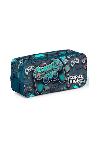 Coral High Kids Nefti Gamer Desenli İki Bölmeli Kalem Çantası 12097 Petrol Mavi
