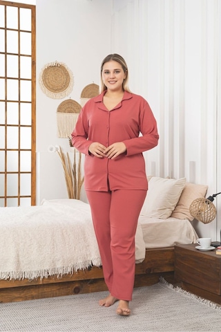 Büyük Beden Boydan Düğmeli Kaşkorse Kumaş Pijama Takımı Nar Çiçeği