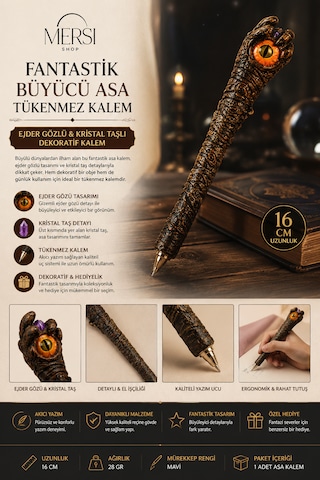 Fantastik Büyücü Asa Tükenmez Kalem Ejder Gözlü & Kristal Taşlı Dekoratif Kalem 16cm Açık Kahverengi