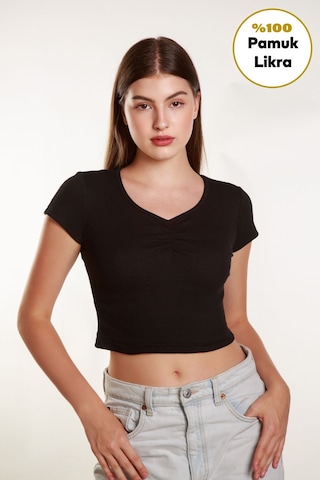 Kadın Fitted Crop Ön Yaka Bözgülü Fitilli Kollu Tshirt Atlet Bluz Siyah