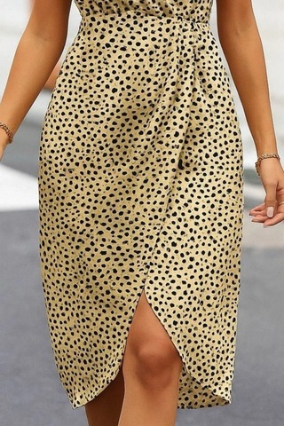 Valensdesign Kadın Sıfır Kol Kruvaze Yaka Önden Çapraz Kesim Detaylı Desenli Süprem Elbise Leopar