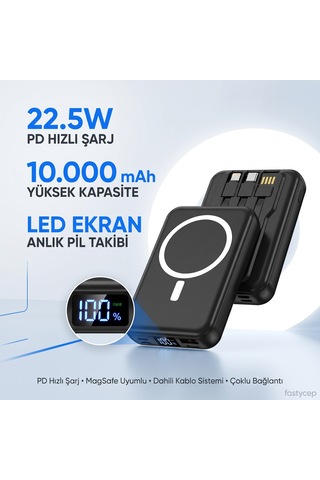 Bşkvirgo 10.000 Mah Kablosuz Hızlı Şarjlı Magsafe Powerbank Led Ekranlı Dahili Kablolu Powerbank Çoklu Giriş Bsk2026 Çok Renkli
