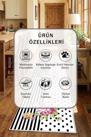 Puantiye Varaksız Beyaz Yıkanabilir Mutfak Halısı