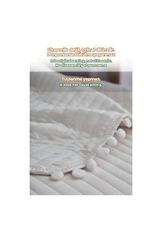 Evlen Home Collection Ponponlu Çift Kişilik %100 Pamuk Yatak Örtüsü Pike Takımı Krem Beyaz