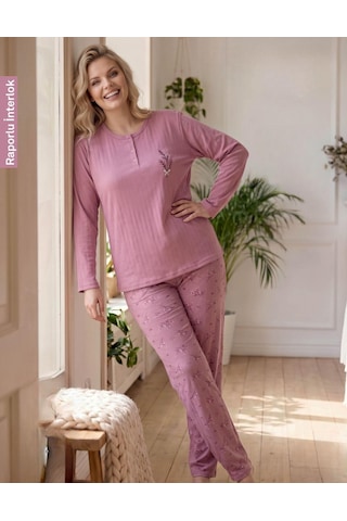 Boyraz Lindros Kadın Düğme Yaka Raporlu İnterlok Kışlık Battal Pijama Takımı 02742 - 1 Adet Gülkurusu