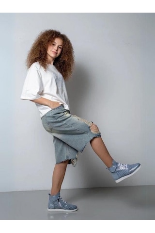 Kız Çocuk Yırtık Denim Kot Şort-15784 Mavi