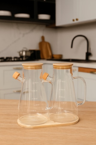 2'li 900 Ml Bambu Kapaklı Ve Altlıklı Borosilikat Cam Yağdanlık, Isıya Dayanıklı, Yağ/sirke/sosluk Şeffaf