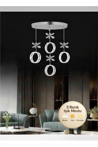 Zero Model 5"li Kristal Taşlı Gümüş 3 Renk Modu Ledli Salon Mutfak Oturma Odası Sarkıt Led Avize Metalik