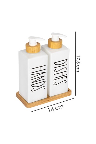 2'li Bambu Altlıklı Bambu Pompalı Kare Cam Sabunluk Deterjanlık 350 Ml Beyaz