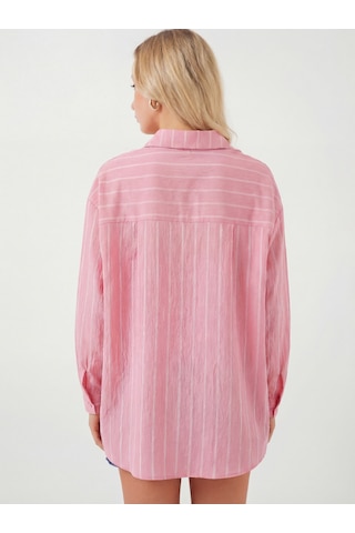 Bigdart Kadın Çizgili Oversize Gömlek 20293 - Pembe