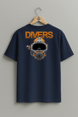 Oversize Divers Dalgıç Başlığı Cep Ve Sırt Tasarımlı Unisex T-shirt Lacivert