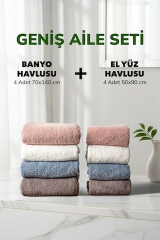 8 Li Kareli Geniş Aile Seti Beyaz Fume Kahve Pudra Mavi El Yüz Banyo Havlu Seti 50x90 Cm 70x140 Cm Renklı