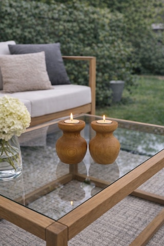 2 Li Büyük Nar Model Tealight Ahşap Şamdan Seti Dekoratif Şamdan