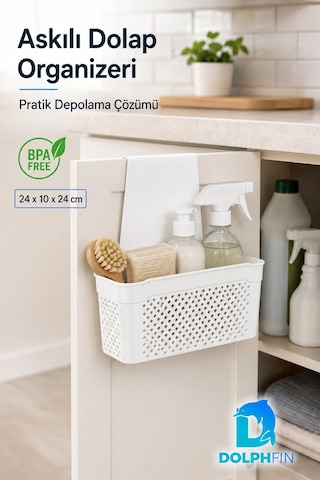 Askılı Dolap Organizeri 24x10x24 Cm Beyaz Pp Kapak Arkası Mutfak Banyo Düzenleyici Sepet