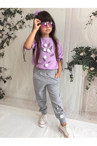 Quzucuk Kids Kız Çocuk Pamuk Figürlü Mor Eşofman Takımı Mor