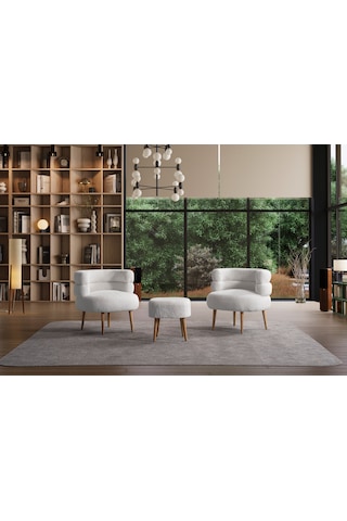 Barel Özel Tasarım Çay Seti Koltuk Takımı,berjer Ve Puf Ofis Balkon Cafe Bahçe Salon Mobilyası 3 Lü Takım Beyaz Beyaz