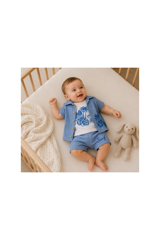 The Two Erkek Bebek Mavi Surf Desenli Müslin 3'lügömlek Tshirt Şortlu Takım 12-24 Ay