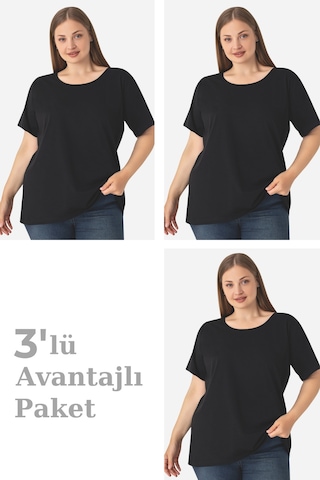 Arma Yıldız Kadın Büyük Beden Pamuklu Basic Kısa Kollu Bisiklet Yaka Tişört Siyah 3'lü Paket