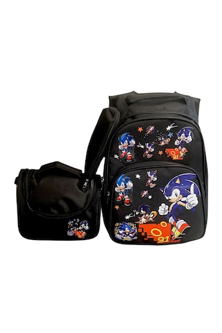 Sonic Desenli Siyah 3 Lü Erkek Çocuk İlkokul Okul Çantası + Termal Beslenme Çantası + Kalemlik