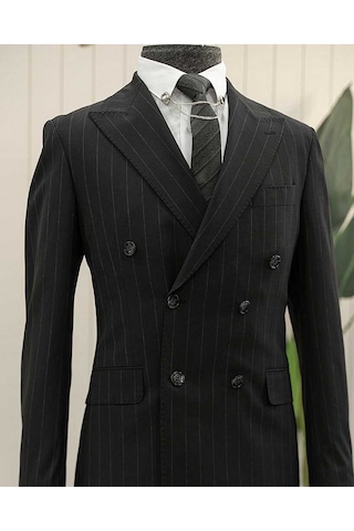 Standart Bys Beystil Sivri Yaka Siyah Çizgili Kruvaze Takım Elbise 53151 - Slim Fit
