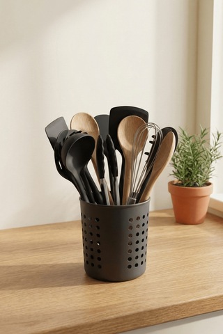 Antrasit - A+ Silindir Kaşıklık Tezgah Üstü Servis Standı, Su Gider Delikli, Plastik Düzenleyici Organizer Antrasit