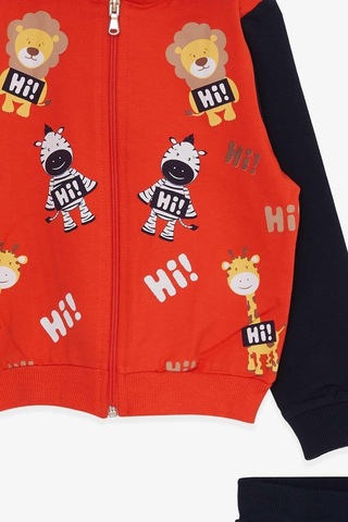 Erkek Bebek Çocuk Pamuklu Hayvanlar Alemi Baskılı Kapüşonlu Eşofman Takım-13389-turuncu Turuncu