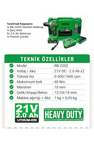 Hais Pro RB-2202 21V DC 2AH X2 Darbeli Matkap