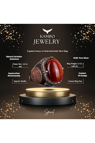 El Yapımı Sterlin Gümüş Yüzük İle Doğal Karnelyan Taşı Ve Süleyman Yıldızı Sembolü Gümüş