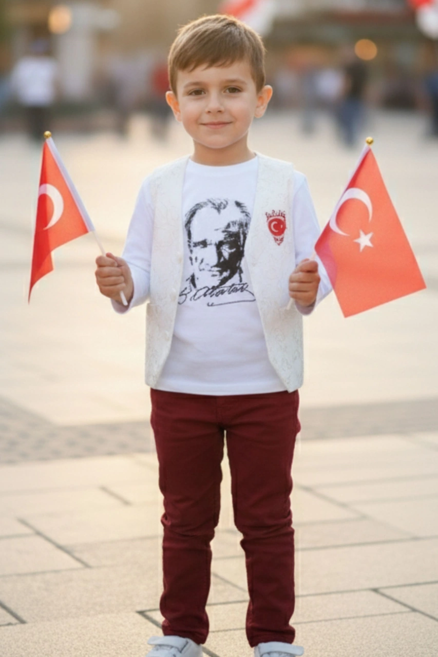 Unisex Atatürk Baskılı Uzun Kollu Beyaz Tişört 29 Ekim Cumhuriyet Bayramı Gösteri Çocuk Tişört Beyaz