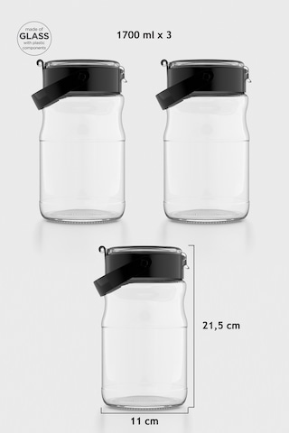 Renga Mono 1700 Ml Siyah Kapaklı 3'lü Cam Kavanoz Seti 131072 Siyah