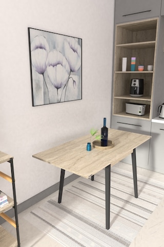Vilinze Avanos Ahşap Katlanır Kanatlı Mdf Traverten Mutfak Masası - 70x70+70 70x140 Cm Traverte