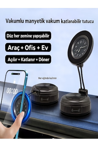 Saat Tasarımlı Araç İçi Telefon Tutucu Magsafe Manyetik 360 Ayarlanabilir Katlanabilir Siyah - Siyah